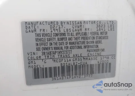 2017 Nissan Sentra S z USA, uszkodzony, nr VIN 3N1AB7AP1HY273777